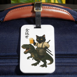 Samurai Cat with Beer & T-Rex | Retro Japanese Art Bagagelabel