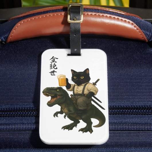 Samurai Cat with Beer & T-Rex | Retro Japanese Art Bagagelabel (Voorkant Insitu 2)