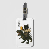 Samurai Cat with Beer & T-Rex | Retro Japanese Art Bagagelabel (Voorkant (verticaal))