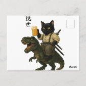 Samurai Cat with Beer & T-Rex | Retro Japanese Art Briefkaart (Achterkant)