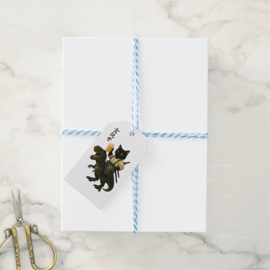 Samurai Cat with Beer & T-Rex | Retro Japanese Art Cadeaulabel (Met Touw)