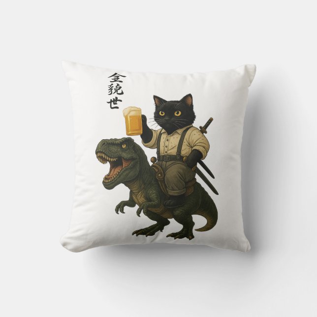Samurai Cat with Beer & T-Rex | Retro Japanese Art Kussen (Voorkant)
