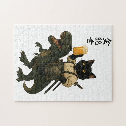 Samurai Cat with Beer & T-Rex | Retro Japanese Art Legpuzzel (Horizontaal)