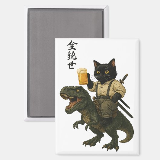 Samurai Cat with Beer & T-Rex | Retro Japanese Art Magneet (Voorkant / Achterkant)