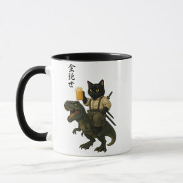 Samurai Cat with Beer & T-Rex | Retro Japanese Art Mok