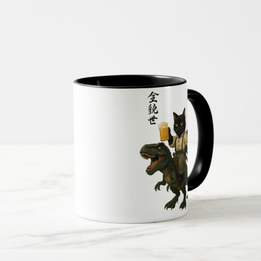 Samurai Cat with Beer & T-Rex | Retro Japanese Art Mok (Voorkant rechts)