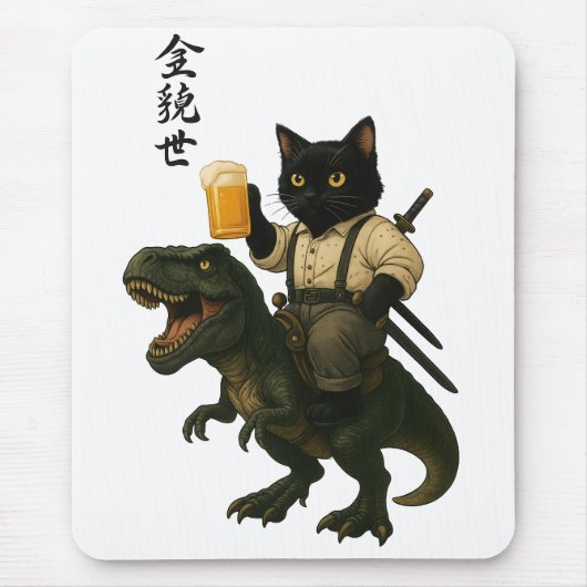 Samurai Cat with Beer & T-Rex | Retro Japanese Art Muismat (Voorkant)