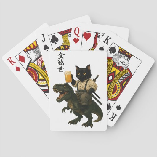 Samurai Cat with Beer & T-Rex | Retro Japanese Art Pokerkaarten (Achterkant)