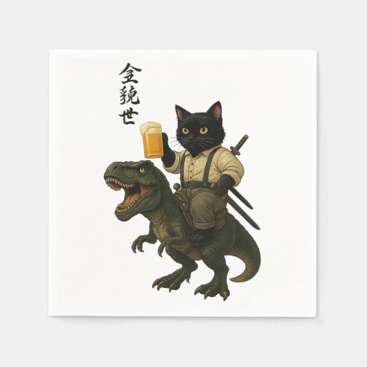 Samurai Cat with Beer & T-Rex | Retro Japanese Art Servet (Voorkant)