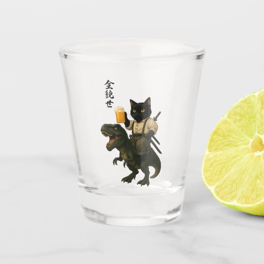 Samurai Cat with Beer & T-Rex | Retro Japanese Art Shot Glas (Voorkant)