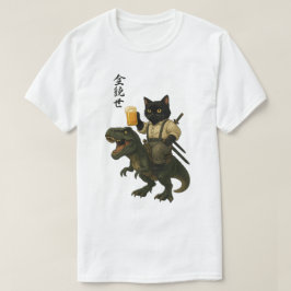 Samurai Cat with Beer & T-Rex | Retro Japanese Art T-shirt