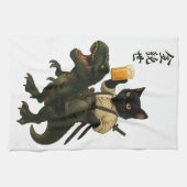 Samurai Cat with Beer & T-Rex | Retro Japanese Art Theedoek (Horizontaal)