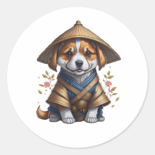 Samurai Corgi Puppy Ronde Sticker (Voorkant)