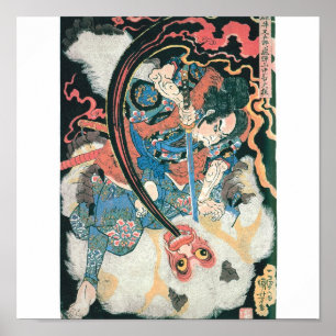 Samurai doodt een demon, oude Japanse schilderijen Poster