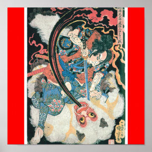 Samurai doodt een demon, oude Japanse schilderijen Poster
