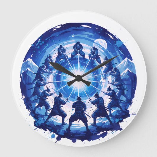 Samurai Eenheid Japans Blauw Inkt Kunst Cirkelvorm Grote Klok (Voorkant)