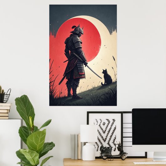 Samurai en kat: Moonlit Vigil Poster (Thuiskantoor)