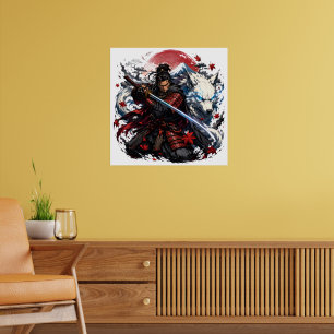 Samurai en Witte Wolf Mok   Japanse Krijger Fantas Poster