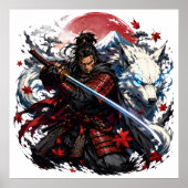 Samurai en Witte Wolf Mok | Japanse Krijger Fantas Poster (Voorkant)