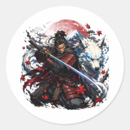 Samurai en Witte Wolf Mok | Japanse Krijger Fantas Ronde Sticker