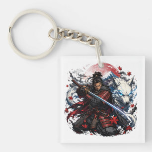 Samurai en Witte Wolf Mok Japanse Krijger Fantas Sleutelhanger