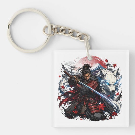 Samurai en Witte Wolf Mok | Japanse Krijger Fantas Sleutelhanger (voorkant)