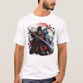 Samurai en Witte Wolf Mok | Japanse Krijger Fantas T-shirt
