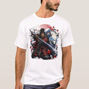 Samurai en Witte Wolf Mok Japanse Krijger Fantas T-shirt