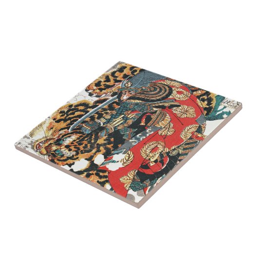 Samurai Fighting a Tiger, Kuniyoshi, Ukiyo-e Tegeltje (Zijkant)