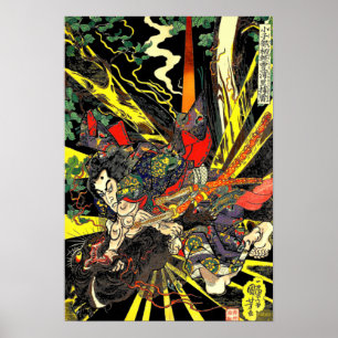 Samurai Fighting Dragon Antiek Japanse Manga Poster