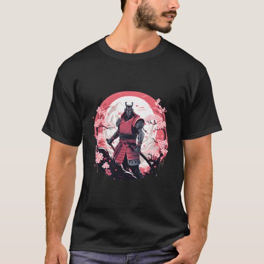 Samurai gestileerde illustratie pantser kersenbloe t-shirt (Voorkant)