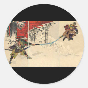Samurai-gevecht in de sneeuw rond 1890 ronde sticker