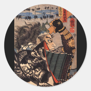Samurai in prachtige drakenharnas, ca. 1800's ronde sticker