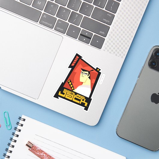 Samurai Jack glimlachend futuristisch Lijst Grafis Sticker (Laptop met iPhone)