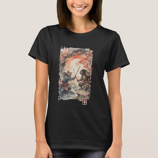 Samurai Japan Kat vs Wolf Warrior Grafische Afbeel T-shirt (Voorkant)