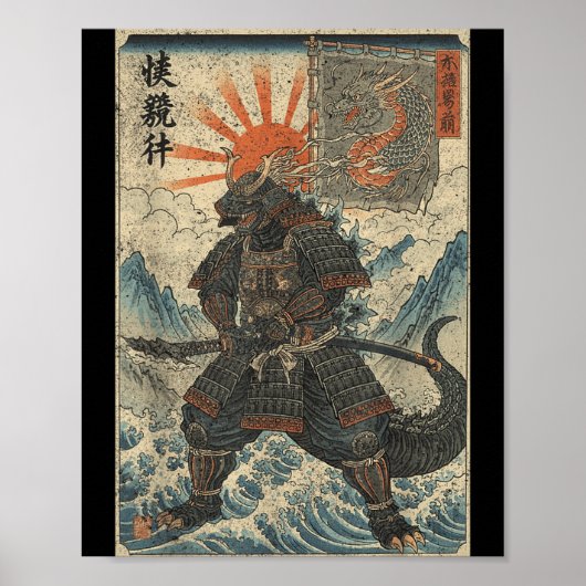 Samurai Kaiju Ukiyo-E Warrior Grafische Kaiju Anim Poster (Voorkant)