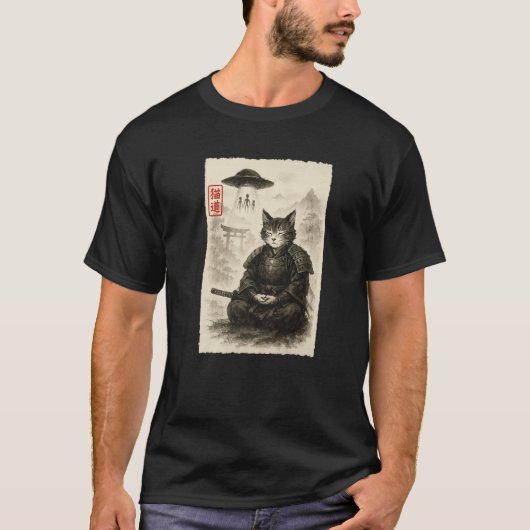 Samurai Kat Alien UFO Grappige Invasie Meme Sumi e T-shirt (Voorkant)