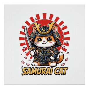 Samurai Kat Anime Japanse Krijger Kersenbloesem Perfect Poster