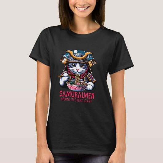 Samurai Kat Eet Ramen Meme Kunst T-shirt (Voorkant)