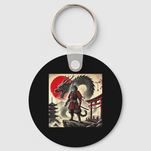 Samurai Kat Grafische Krijger Japanse Kat Ninja Ma Sleutelhanger (Voorkant)