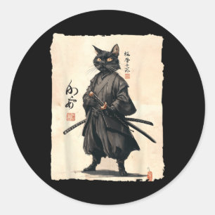 Samurai Kat Japanse Anime Kat Liefhebber Grappig V Ronde Sticker