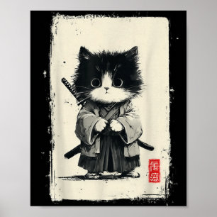 Samurai Kat Japanse Kunst Sumi-e Nieuwigheid Kawai Poster