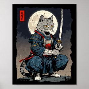 Samurai Kat Japanse Retro Fighter Kat Maan Ukiyo- Poster