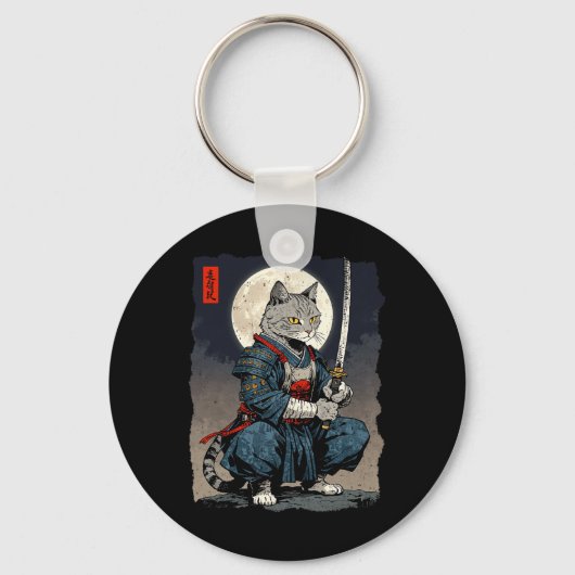Samurai Kat Japanse Retro Fighter Kat Maan Ukiyo- Sleutelhanger (Voorkant)