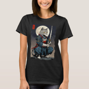 Samurai Kat Japanse Retro Fighter Kat Maan Ukiyo- T-shirt