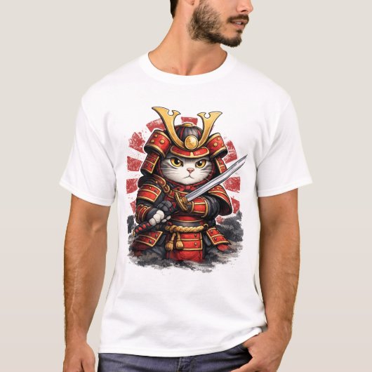 Samurai Kat Japanse Warrior Anime Ontwerp T-shirt (Voorkant)