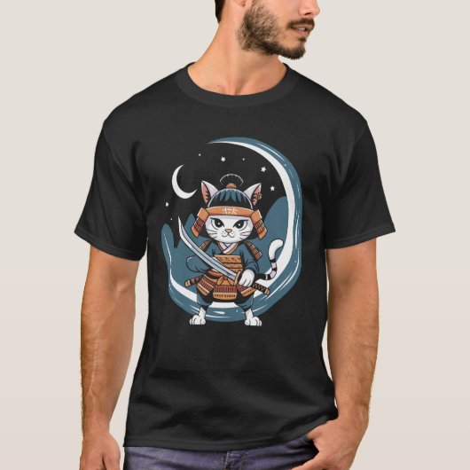 Samurai Kat Krijger Vollemaan Kunst T-shirt (Voorkant)