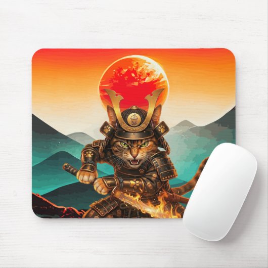 Samurai Kat Krijger Zonsondergang Anti-slip Gaming Muismat (Met muis)