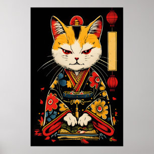 Samurai Kat Kunstprint – Japanse Kimono Krijger Poster