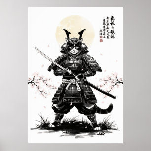 Samurai Kat Kunstprint met Katana Zwaard Japans Poster